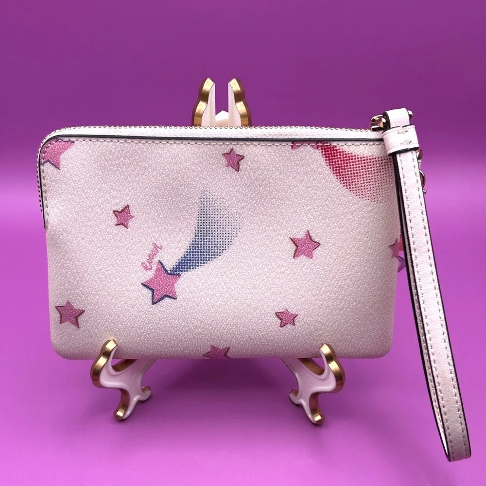 Coach Corner Zip Wristlet White Pink Shooting Star Celestial Martini Charm - Picture 4 of 15